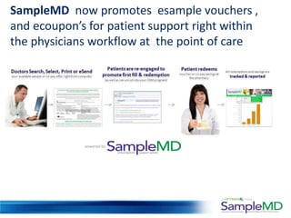 SampleMD now promotes esample vouchers ,
and ecoupon’s for patient support right within
the physicians workflow at the point of care
 