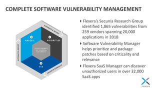COMPLETE SOFTWARE VULNERABILITY MANAGEMENT
Flexera’s Secunia Research Group
identified 1,865 vulnerabilities from
259 vendors spanning 20,000
applications in 2018
Software Vulnerability Manager
helps prioritize and package
patches based on criticality and
relevance
Flexera SaaS Manager can discover
unauthorized users in over 32,000
SaaS apps
1 2
3
 