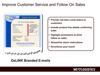 Improve Customer Service and Follow On Sales 
 Provide real time e-mail status to 
customers 
 Include product line details confirming 
order 
 Highlight promotions to drive 
follow on sales 
 Streamline return instructions 
 Re-enforce your brand 
OzLINK Branded E-mails 
 
