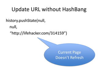 Update URL without HashBanghistory.pushState(null, 	null,     “http://lifehacker.com/314159”)Current Page Doesn’t Refresh