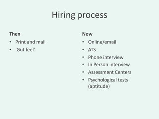 Hiring process
Then                      Now
• Print and mail          • Online/email
• ‘Gut feel’              • ATS
                          • Phone interview
                          • In Person interview
                          • Assessment Centers
                          • Psychological tests
                            (aptitude)
 