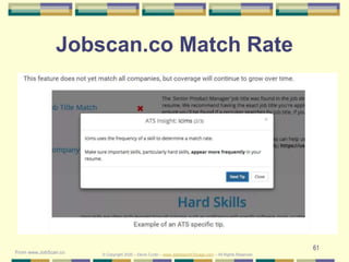 61
Jobscan.co Match Rate
© Copyright 2020 – Denis Curtin – www.JobSearchChicago.com – All Rights Reserved
From www.JobScan.co
 