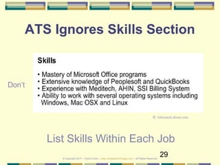 29
ATS Ignores Skills Section
List Skills Within Each Job
Don’t
© Jobsearch.about.com
© Copyright 2017 – Denis Curtin – www.JobSearchChicago.com – All Rights Reserved
 