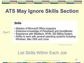 29
ATS May Ignore Skills Section
List Skills Within Each Job
Don’t
© Jobsearch.about.com
© Copyright 2021 – Denis Curtin – www.JobSearchChicago.com – All Rights Reserved
 