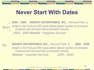 32
Never Start With Dates
2000 – 2008 INSIGHT ENTERPRISES, INC., Hanover Park, IL
Insight is the Fortune 500 value-added global reseller of computer
products and services that purchased Comark.
(2003 – 2008) Director – Integration Services
INSIGHT ENTERPRISES, INC., Hanover Park, IL 2000 – 2008
Insight is the Fortune 500 value-added global reseller of computer
products and services that purchased Comark.
Director – Integration Services (2003 – 2008)
Don’t
Do
© Copyright 2021 – Denis Curtin – www.JobSearchChicago.com – All Rights Reserved
 