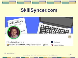 49
SkillSyncer.com
From SkillSyncer.com
© Copyright 2021 – Denis Curtin – www.JobSearchChicago.com – All Rights Reserved
 