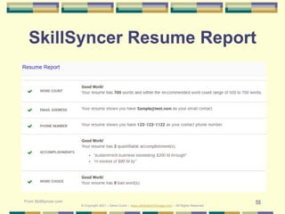 55
SkillSyncer Resume Report
From SkillSyncer.com
© Copyright 2021 – Denis Curtin – www.JobSearchChicago.com – All Rights Reserved
 