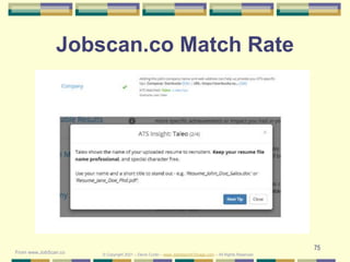 75
Jobscan.co Match Rate
© Copyright 2021 – Denis Curtin – www.JobSearchChicago.com – All Rights Reserved
From www.JobScan.co
 