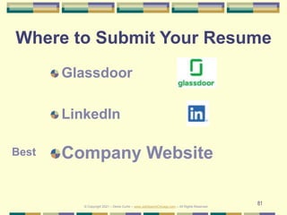 81
Where to Submit Your Resume
Glassdoor
LinkedIn
Company Website
© Copyright 2021 – Denis Curtin – www.JobSearchChicago.com – All Rights Reserved
Best
 