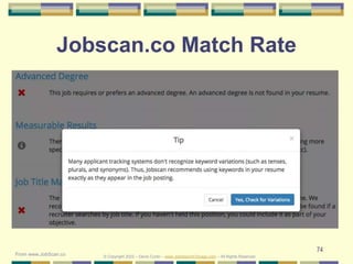 74
Jobscan.co Match Rate
© Copyright 2022 – Denis Curtin – www.JobSearchChicago.com – All Rights Reserved
From www.JobScan...