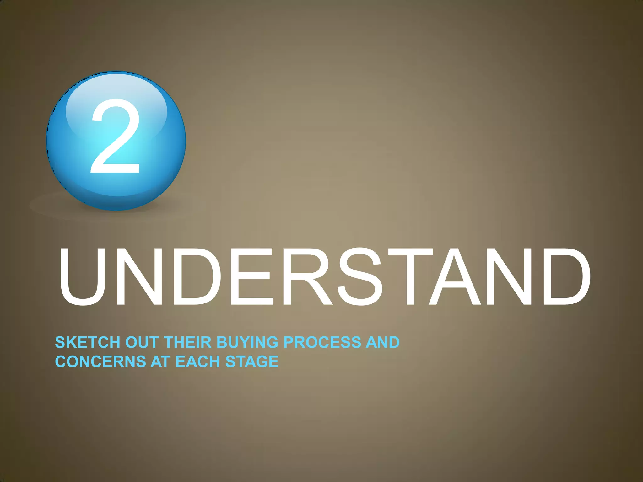 2
UNDERSTAND
SKETCH OUT THEIR BUYING PROCESS AND
CONCERNS AT EACH STAGE
 