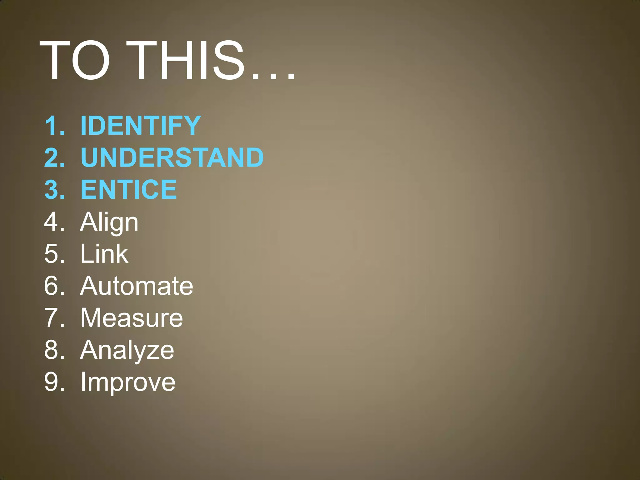TO THIS…
1.   IDENTIFY
2.   UNDERSTAND
3.   ENTICE
4.   Align
5.   Link
6.   Automate
7.   Measure
8.   Analyze
9.   Improve
 