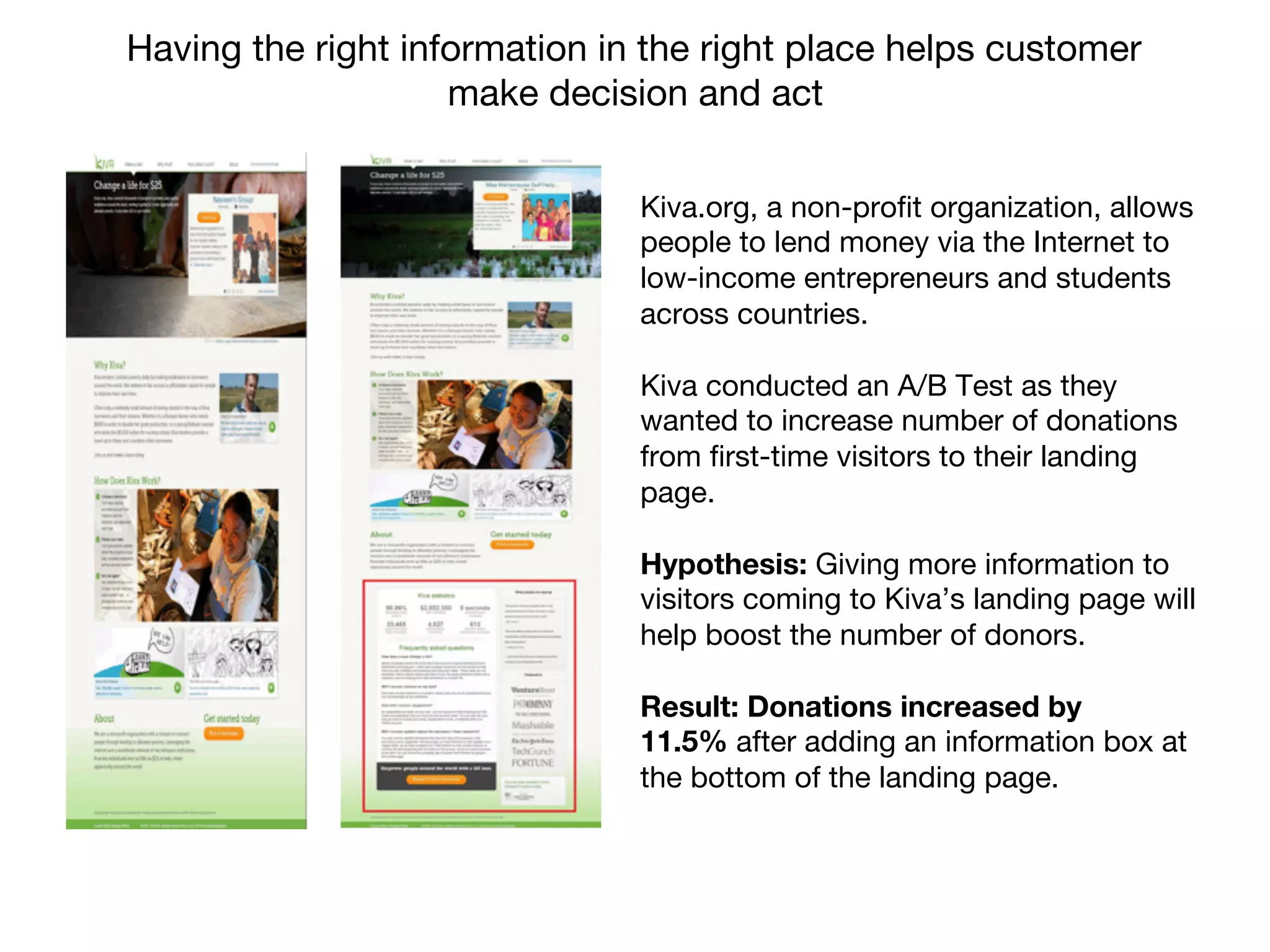 Kiva.org, a non-proﬁt organization, allows
people to lend money via the Internet to
low-income entrepreneurs and students
across countries. 

Kiva conducted an A/B Test as they
wanted to increase number of donations
from ﬁrst-time visitors to their landing
page.

Hypothesis: Giving more information to
visitors coming to Kiva’s landing page will
help boost the number of donors.

Result: Donations increased by
11.5% after adding an information box at
the bottom of the landing page.
Having the right information in the right place helps customer 
make decision and act
 