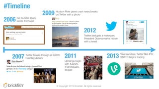 #Timeline
Twitter breaks through at SXSW;
Hashtag debuts2007
2006 Co-founder @jack
sends ﬁrst tweet
Hudson River plane cra...