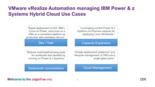 VMware vRealize Automation managing IBM Power & z
Systems Hybrid Cloud Use Cases
6
“Leveraging current Power & z
Systems on-Premise capacity for
deploying Linux Workloads.”
“Simple deployment (patterns)* and
lifecycle management of VM’s via a
single glass pane.”
“Reduce overhead/licensing costs
for workloads that benefits by
running on Power & z Systems.”
“Rapid deployment of AIX, IBM i,
Linux on Power, and Linux on z
VMs on a consistent platform as
production with seamless roll out.”
Dev / Test Capacity Expansion
Datacenter consolidation Cloud Management
 