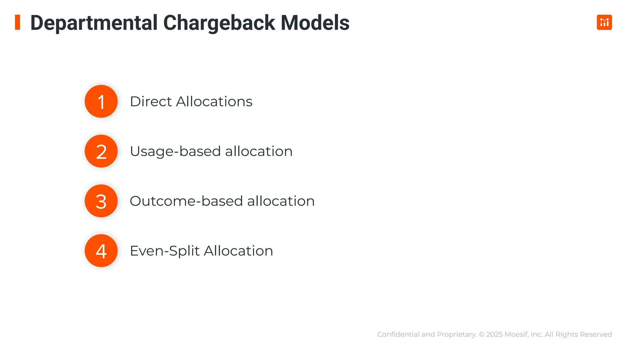 Conﬁdential and Proprietary. © 2025 Moesif, Inc. All Rights Reserved
Direct Allocations
Usage-based allocation
Outcome-based allocation
Even-Split Allocation
1
3
4
2
Departmental Chargeback Models
 
