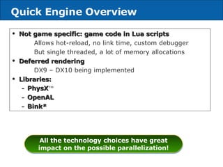 Quick Engine Overview Not game specific: game code in Lua scripts Allows hot-reload, no link time, custom debugger But single threaded, a lot of memory allocations Deferred rendering DX9 – DX10 being implemented Libraries:  PhysX ™ OpenAL Bink* All the technology choices have great impact on the possible parallelization! *Other names and brands may be claimed as the property of others 