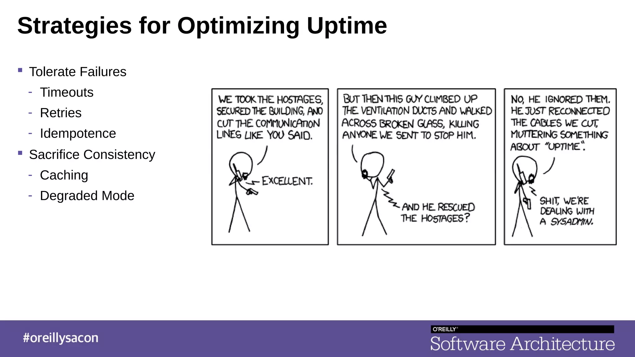 Strategies for Optimizing Uptime
 Tolerate Failures
- Timeouts
- Retries
- Idempotence
 Sacrifice Consistency
- Caching
- Degraded Mode
 