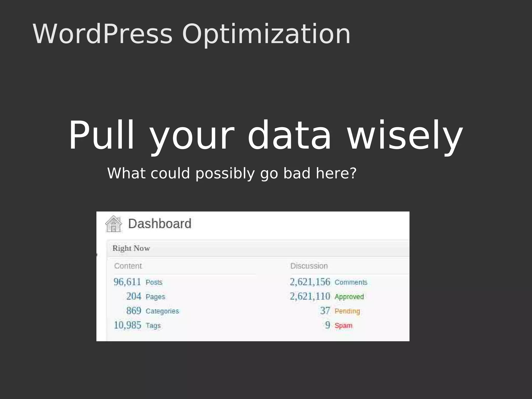 WordPress Optimization
Pull your data wisely
What could possibly go bad here?
 