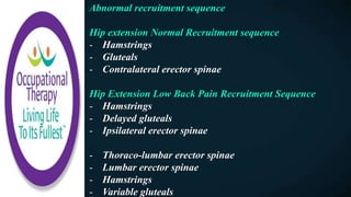 Abnormal recruitment sequence
Hip extension Normal Recruitment sequence
- Hamstrings
- Gluteals
- Contralateral erector spinae
Hip Extension Low Back Pain Recruitment Sequence
- Hamstrings
- Delayed gluteals
- Ipsilateral erector spinae
- Thoraco-lumbar erector spinae
- Lumbar erector spinae
- Hamstrings
- Variable gluteals
 