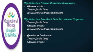 Hip Abduction Normal Recruitment Sequence
- Gluteus medius
- Tensor fascia latae
- Ipsilateral quadratus lumborum
Hip Abduction Low Back Pain Recruitment Sequence
- Tensor fascia latae
- Gluteus medius
- Ipsilateral quadratus lumborum
- Quadratus lumborum
- Tensor fascia latae
- Gluteus medius
 