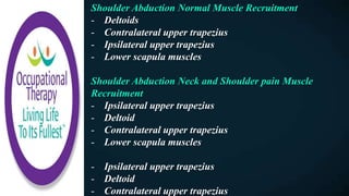 Shoulder Abduction Normal Muscle Recruitment
- Deltoids
- Contralateral upper trapezius
- Ipsilateral upper trapezius
- Lower scapula muscles
Shoulder Abduction Neck and Shoulder pain Muscle
Recruitment
- Ipsilateral upper trapezius
- Deltoid
- Contralateral upper trapezius
- Lower scapula muscles
- Ipsilateral upper trapezius
- Deltoid
- Contralateral upper trapezius
 