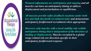 - Postural adjustments are anticipatory and ongoing and all
muscles can have an anticipatory timing to address
displacement and perturbations to equilibrium.
- All muscles provide reflex feedback reactions under both
low and high threshold recruitment tasks and demonstrate
anticipatory feedforward recruitment when appropriate.
- However, only muscles with a local stability role exhibit
anticipatory timing that is independent of the direction of
loading or displacement. Muscles recruited in a global
range related role are direction-specific in their
anticipatory feedforward response
 