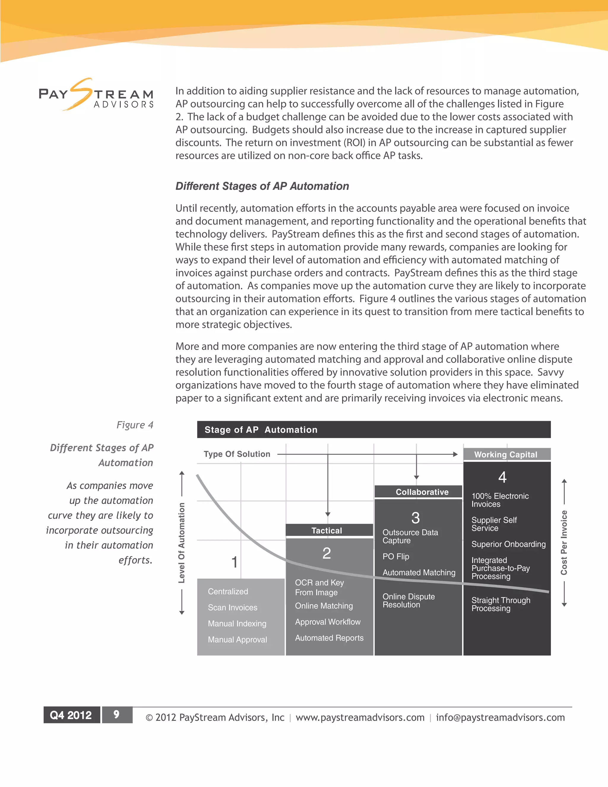 © 2012 PayStream Advisors, Inc | www.paystreamadvisors.com | info@paystreamadvisors.com
In addition to aiding supplier resistance and the lack of resources to manage automation,
AP outsourcing can help to successfully overcome all of the challenges listed in Figure
2. The lack of a budget challenge can be avoided due to the lower costs associated with
AP outsourcing. Budgets should also increase due to the increase in captured supplier
discounts. The return on investment (ROI) in AP outsourcing can be substantial as fewer
resources are utilized on non-core back office AP tasks.
Different Stages of AP Automation
Until recently, automation efforts in the accounts payable area were focused on invoice
and document management, and reporting functionality and the operational benefits that
technology delivers. PayStream defines this as the first and second stages of automation.
While these first steps in automation provide many rewards, companies are looking for
ways to expand their level of automation and efficiency with automated matching of
invoices against purchase orders and contracts. PayStream defines this as the third stage
of automation. As companies move up the automation curve they are likely to incorporate
outsourcing in their automation efforts. Figure 4 outlines the various stages of automation
that an organization can experience in its quest to transition from mere tactical benefits to
more strategic objectives.
More and more companies are now entering the third stage of AP automation where
they are leveraging automated matching and approval and collaborative online dispute
resolution functionalities offered by innovative solution providers in this space. Savvy
organizations have moved to the fourth stage of automation where they have eliminated
paper to a significant extent and are primarily receiving invoices via electronic means.
Figure 4
Different Stages of AP
Automation
As companies move
up the automation
curve they are likely to
incorporate outsourcing
in their automation
efforts.
Type Of Solution
Stage of AP Automation
Working Capital
Outsource Data
Capture
PO Flip
Automated Matching
Online Dispute
Resolution
OCR and Key
From Image
Online Matching
Approval Workflow
Automated Reports
Centralized
Scan Invoices
Manual Indexing
Manual Approval
100% Electronic
Invoices
Supplier Self
Service
Superior Onboarding
Integrated
Purchase-to-Pay
Processing
Straight Through
Processing
Collaborative
Tactical
4
3
2
1 Cost
Per
Invoice
Level
Of
Automation
 
