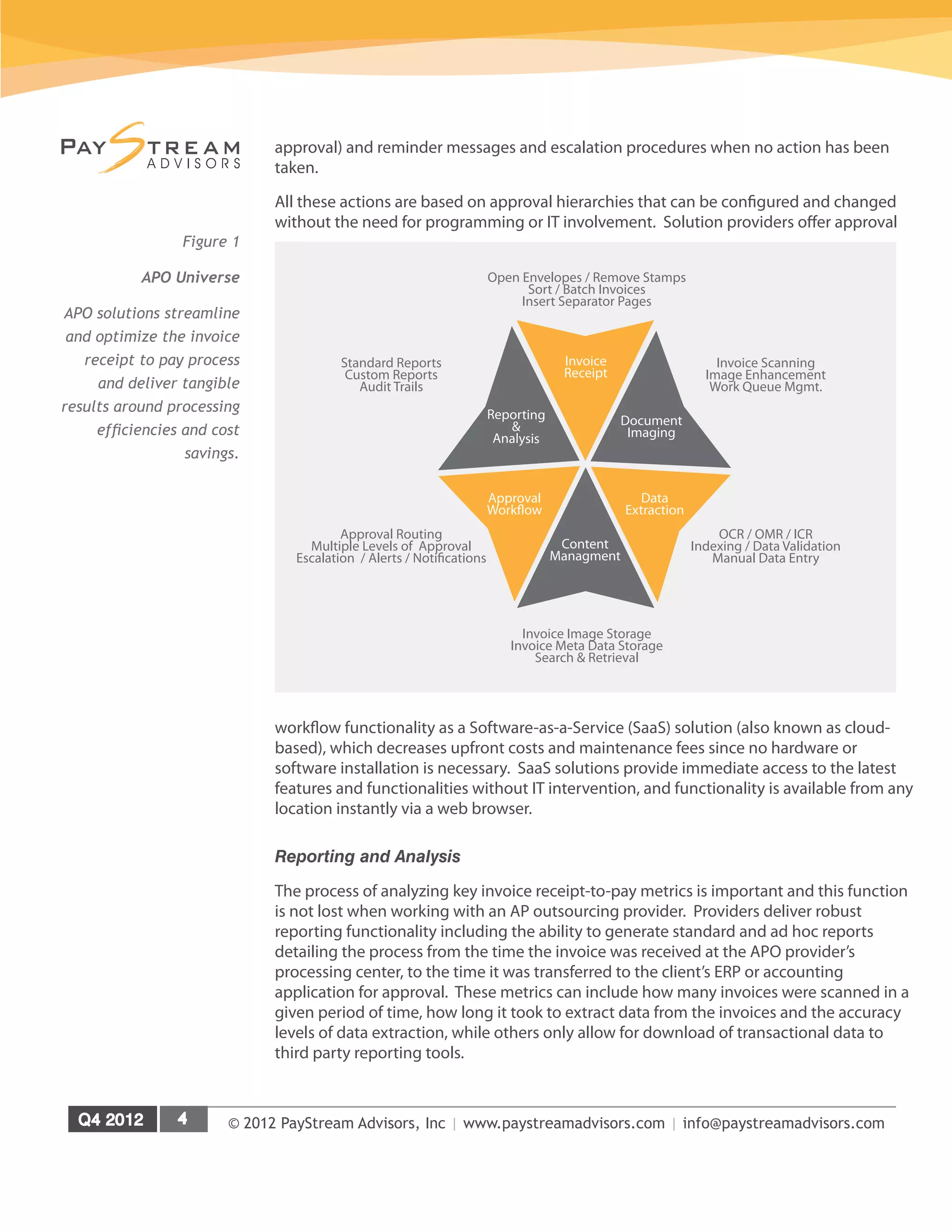 © 2012 PayStream Advisors, Inc | www.paystreamadvisors.com | info@paystreamadvisors.com
approval) and reminder messages and escalation procedures when no action has been
taken.
All these actions are based on approval hierarchies that can be configured and changed
without the need for programming or IT involvement. Solution providers offer approval
workflow functionality as a Software-as-a-Service (SaaS) solution (also known as cloud-
based), which decreases upfront costs and maintenance fees since no hardware or
software installation is necessary. SaaS solutions provide immediate access to the latest
features and functionalities without IT intervention, and functionality is available from any
location instantly via a web browser.
Reporting and Analysis
The process of analyzing key invoice receipt-to-pay metrics is important and this function
is not lost when working with an AP outsourcing provider. Providers deliver robust
reporting functionality including the ability to generate standard and ad hoc reports
detailing the process from the time the invoice was received at the APO provider’s
processing center, to the time it was transferred to the client’s ERP or accounting
application for approval. These metrics can include how many invoices were scanned in a
given period of time, how long it took to extract data from the invoices and the accuracy
levels of data extraction, while others only allow for download of transactional data to
third party reporting tools.
Figure 1
APO Universe
APO solutions streamline
and optimize the invoice
receipt to pay process
and deliver tangible
results around processing
efficiencies and cost
savings.
Invoice
Receipt
Open Envelopes / Remove Stamps
Sort / Batch Invoices
Insert Separator Pages
Invoice Scanning
Image Enhancement
Work Queue Mgmt.
OCR / OMR / ICR
Indexing / Data Validation
Manual Data Entry
Invoice Image Storage
Invoice Meta Data Storage
Search & Retrieval
Approval Routing
Multiple Levels of Approval
Escalation / Alerts / Notifications
Standard Reports
Custom Reports
Audit Trails
Reporting
&
Analysis
Approval
Workflow
Content
Managment
Data
Extraction
Document
Imaging
 