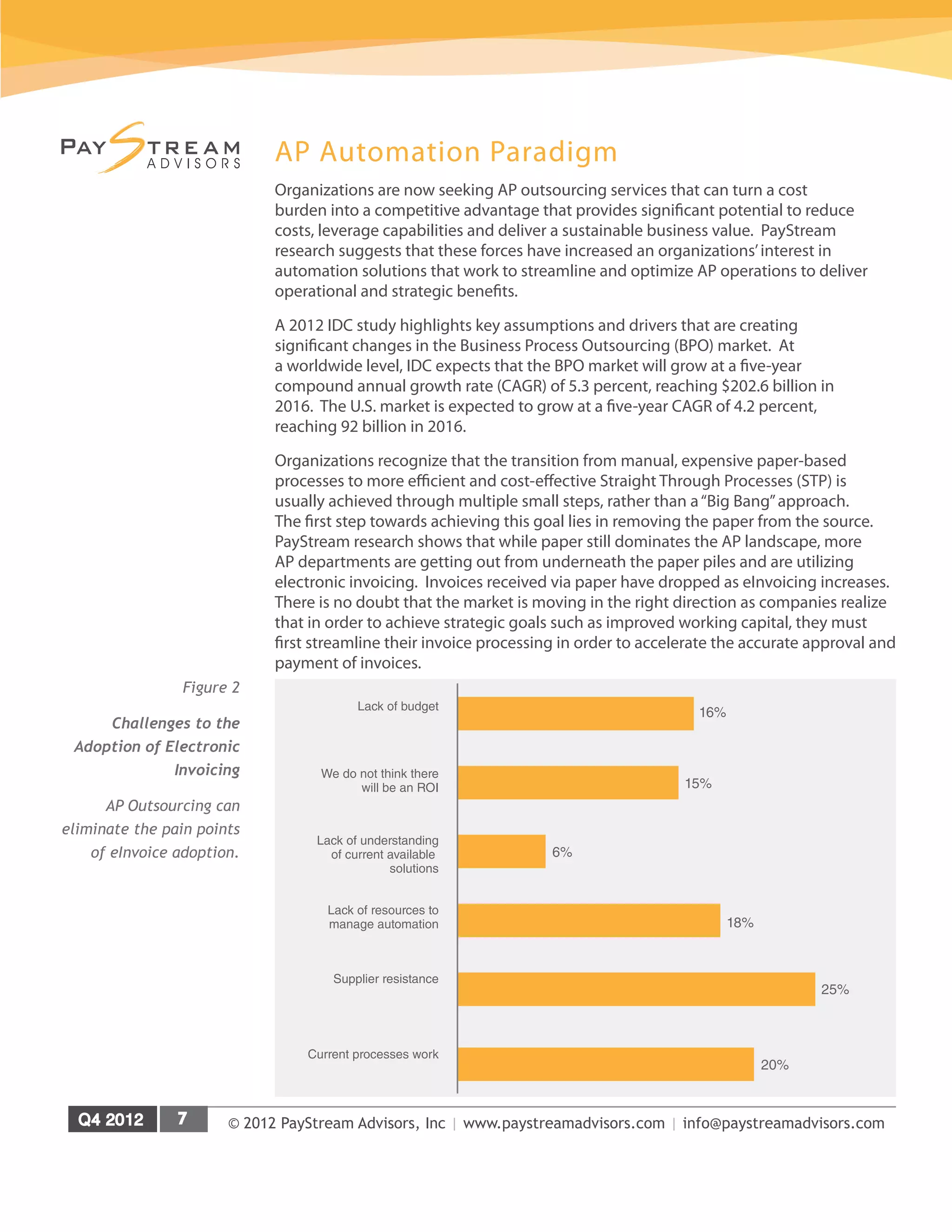 © 2012 PayStream Advisors, Inc | www.paystreamadvisors.com | info@paystreamadvisors.com
AP Automation Paradigm
Organizations are now seeking AP outsourcing services that can turn a cost
burden into a competitive advantage that provides significant potential to reduce
costs, leverage capabilities and deliver a sustainable business value. PayStream
research suggests that these forces have increased an organizations’interest in
automation solutions that work to streamline and optimize AP operations to deliver
operational and strategic benefits.
A 2012 IDC study highlights key assumptions and drivers that are creating
significant changes in the Business Process Outsourcing (BPO) market. At
a worldwide level, IDC expects that the BPO market will grow at a five-year
compound annual growth rate (CAGR) of 5.3 percent, reaching $202.6 billion in
2016. The U.S. market is expected to grow at a five-year CAGR of 4.2 percent,
reaching 92 billion in 2016.
Organizations recognize that the transition from manual, expensive paper-based
processes to more efficient and cost-effective Straight Through Processes (STP) is
usually achieved through multiple small steps, rather than a“Big Bang”approach.
The first step towards achieving this goal lies in removing the paper from the source.
PayStream research shows that while paper still dominates the AP landscape, more
AP departments are getting out from underneath the paper piles and are utilizing
electronic invoicing. Invoices received via paper have dropped as eInvoicing increases.
There is no doubt that the market is moving in the right direction as companies realize
that in order to achieve strategic goals such as improved working capital, they must
first streamline their invoice processing in order to accelerate the accurate approval and
payment of invoices.
Figure 2
Challenges to the
Adoption of Electronic
Invoicing
AP Outsourcing can
eliminate the pain points
of eInvoice adoption.
18%
25%
20%
16%
15%
6%
Lack of budget
We do not think there
will be an ROI
Lack of understanding
of current available
solutions
Lack of resources to
manage automation
Supplier resistance
Current processes work
 