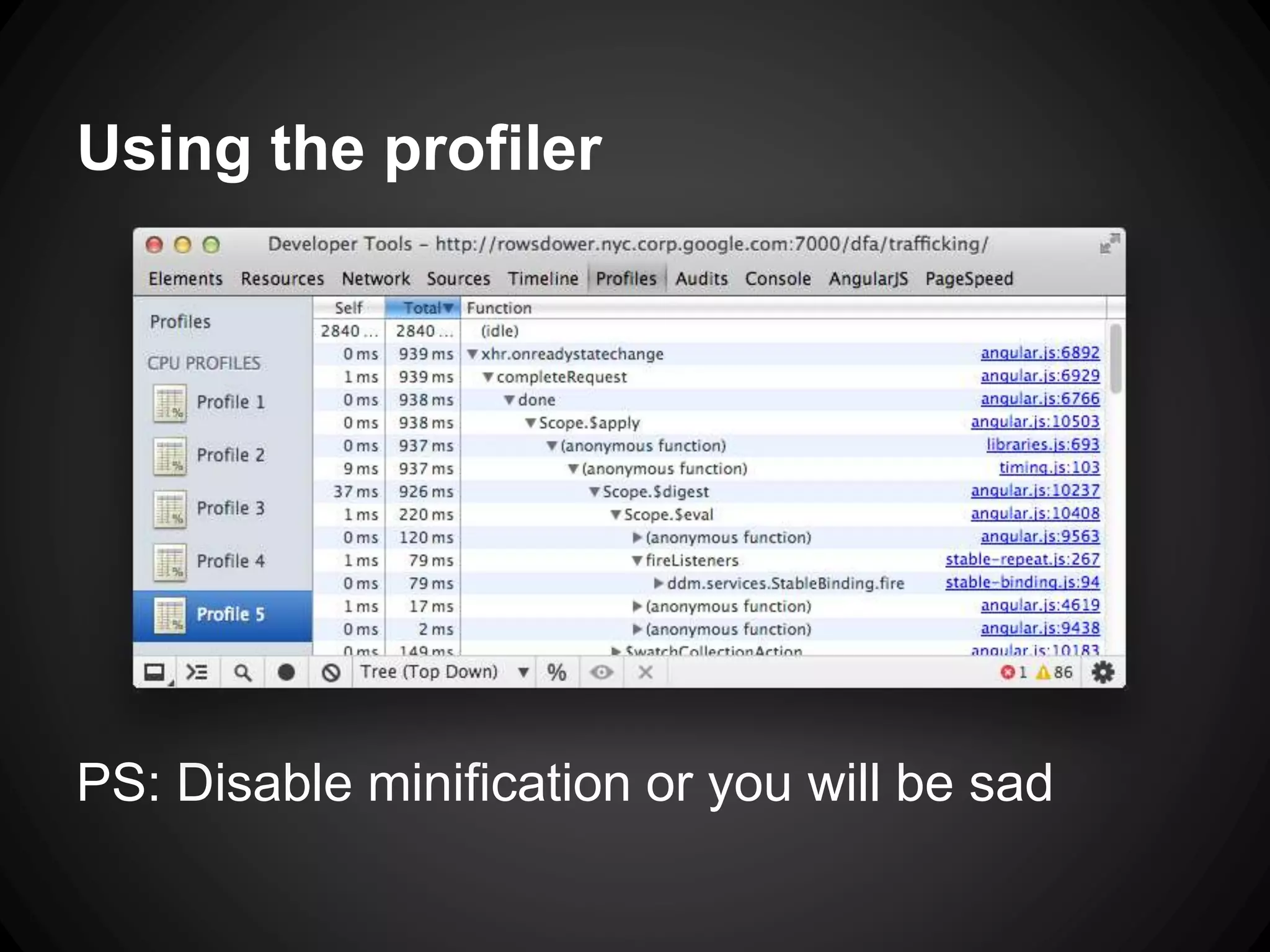 Using the profiler
PS: Disable minification or you will be sad
 