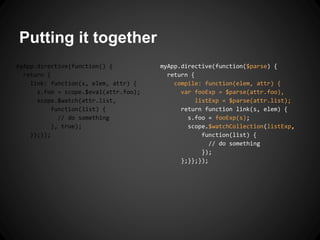 Putting it together
myApp.directive(function($parse) {
return {
compile: function(elem, attr) {
var fooExp = $parse(attr.foo),
listExp = $parse(attr.list);
return function link(s, elem) {
s.foo = fooExp(s);
scope.$watchCollection(listExp,
function(list) {
// do something
});
};}};});
myApp.directive(function() {
return {
link: function(s, elem, attr) {
s.foo = scope.$eval(attr.foo);
scope.$watch(attr.list,
function(list) {
// do something
}, true);
}};});
 