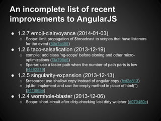An incomplete list of recent
improvements to AngularJS
● 1.2.7 emoji-clairvoyance (2014-01-03)
o Scope: limit propagation of $broadcast to scopes that have listeners
for the event (80e7a455)
● 1.2.6 taco-salsafication (2013-12-19)
o compile: add class 'ng-scope' before cloning and other micro-
optimizations (f3a796e5)
o $parse: use a faster path when the number of path parts is low
(f4462319)
● 1.2.5 singularity-expansion (2013-12-13)
o $resource: use shallow copy instead of angular.copy (fcd2a813)
o jqLite: implement and use the empty method in place of html(‘’)
(3410f65e)
● 1.2.4 wormhole-blaster (2013-12-06)
o Scope: short-circuit after dirty-checking last dirty watcher (d070450c)
 
