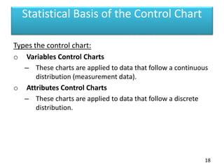 Statistical Basis of the Control Chart
Types the control chart:
o Variables Control Charts
– These charts are applied to data that follow a continuous
distribution (measurement data).
o Attributes Control Charts
– These charts are applied to data that follow a discrete
distribution.
18
 