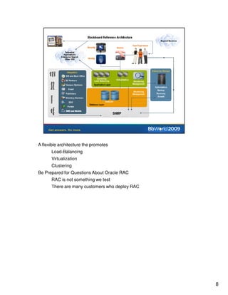 A flexible architecture the promotes
      Load-Balancing
      Virtualization
      Clustering
Be Prepared for Questions About Oracle RAC
      RAC is not something we test
      There are many customers who deploy RAC




                                                8
 