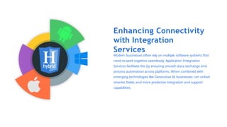 Enhancing Connectivity
with Integration
Services
Modern businesses often rely on multiple software systems that
need to work together seamlessly. Application Integration
Services facilitate this by ensuring smooth data exchange and
process automation across platforms. When combined with
emerging technologies like Generative AI, businesses can unlock
smarter, faster, and more predictive integration and support
capabilities.
 