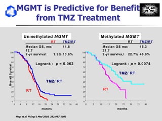 MGMT is Predictive for Benefit from TMZ Treatment Unmethylated  MGMT  RT TMZ/RT Median OS, mo: 11.8 12.7 2-yr survival:   1.9% 13.8% Logrank :  p  = 0.062 Logrank :  p  = 0.0074 Hegi et al. N Engl J Med 2005, 352:997-1003 months 0 4 8 12 16 20 24 28 32 36 40 0 10 20 30 40 50 60 70 80 90 100 Overall Survival TMZ / RT RT Methylated  MGMT 0 5 10 15 20 25 30 35 40 0 10 20 30 40 50 60 70 80 90 100 TMZ / RT RT months RT TMZ/RT Median OS mo: 15.3 21.7 2-yr surviva,l 22.7% 46.0% 