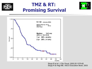 TMZ & RT:  Promising Survival Stupp R et al. J Clin Oncol. 2002;20:1375-82 Stupp R & Hegi ME. ASCO Education Book, 2003  