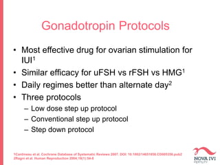Gonadotropin Protocols
• Most effective drug for ovarian stimulation for
IUI1
• Similar efficacy for uFSH vs rFSH vs HMG1
• Daily regimes better than alternate day2
• Three protocols
– Low dose step up protocol
– Conventional step up protocol
– Step down protocol
1Cantineau et al. Cochrane Database of Systematic Reviews 2007. DOI: 10.1002/14651858.CD005356.pub2
2Ragni et al. Human Reproduction 2004;19(1):54-8
 