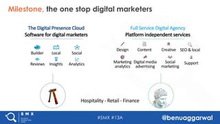 #SMX #13A @benuaggarwal
Milestone, the one stop digital marketers
Builder Local Social
Reviews Insights Analytics
Design C...