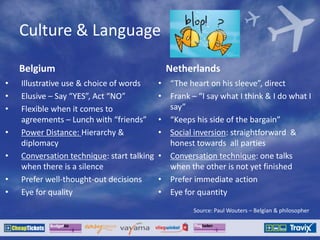 Belgium
• Illustrative use & choice of words
• Elusive – Say “YES”, Act “NO”
• Flexible when it comes to
agreements – Lunch with “friends”
• Power Distance: Hierarchy &
diplomacy
• Conversation technique: start talking
when there is a silence
• Prefer well-thought-out decisions
• Eye for quality
Netherlands
• “The heart on his sleeve”, direct
• Frank – “I say what I think & I do what I
say”
• “Keeps his side of the bargain”
• Social inversion: straightforward &
honest towards all parties
• Conversation technique: one talks
when the other is not yet finished
• Prefer immediate action
• Eye for quantity
Source: Paul Wouters – Belgian & philosopher
Culture & Language
 
