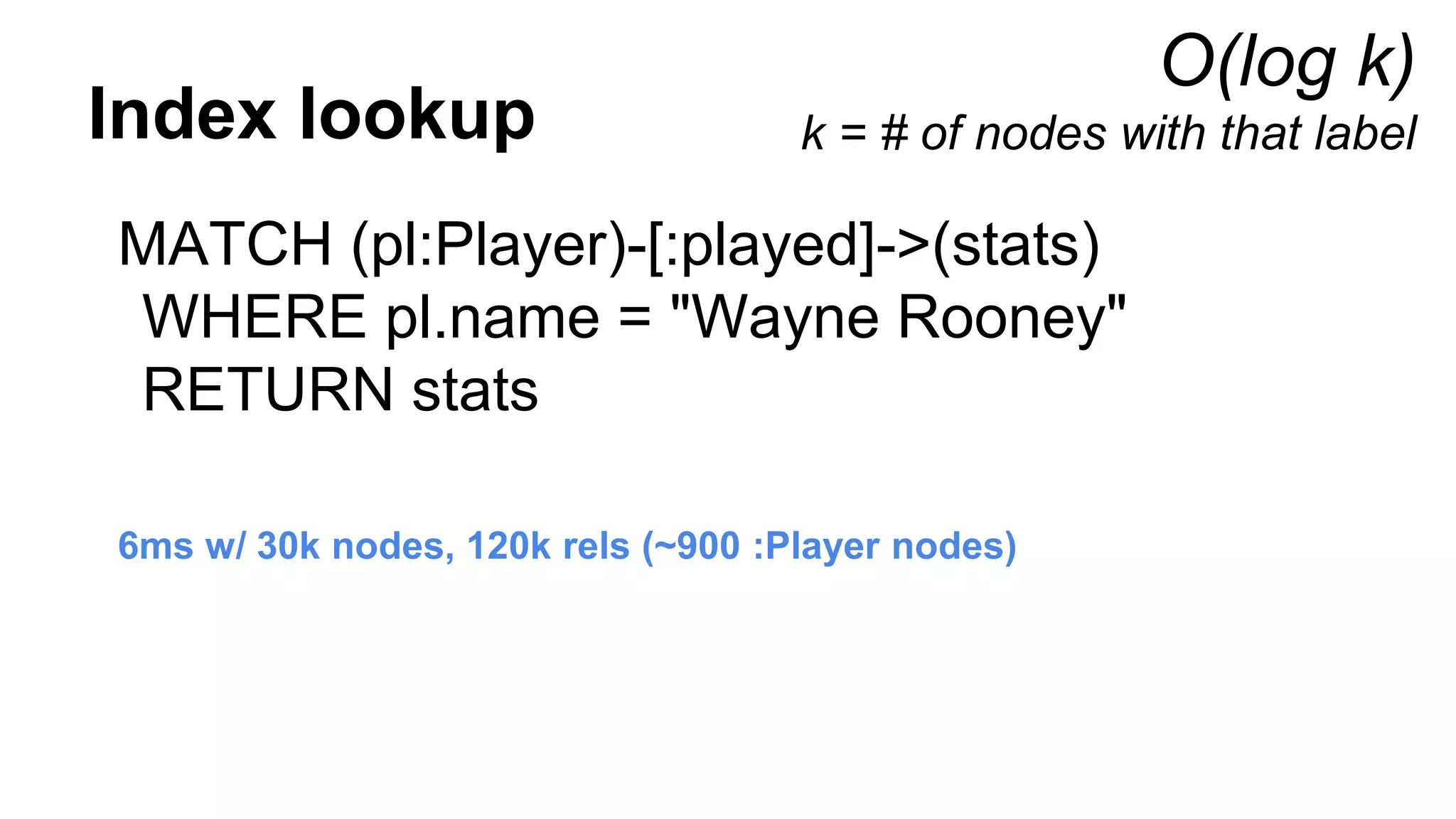 O(log k)
k = # of nodes with that labelIndex lookup
MATCH (pl:Player)-[:played]->(stats)
WHERE pl.name = "Wayne Rooney"
RETURN stats
6ms w/ 30k nodes, 120k rels (~900 :Player nodes)
 