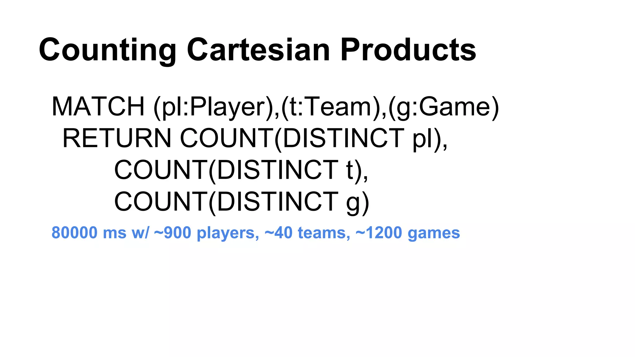 Counting Cartesian Products
MATCH (pl:Player),(t:Team),(g:Game)
RETURN COUNT(DISTINCT pl),
COUNT(DISTINCT t),
COUNT(DISTINCT g)
80000 ms w/ ~900 players, ~40 teams, ~1200 games
 