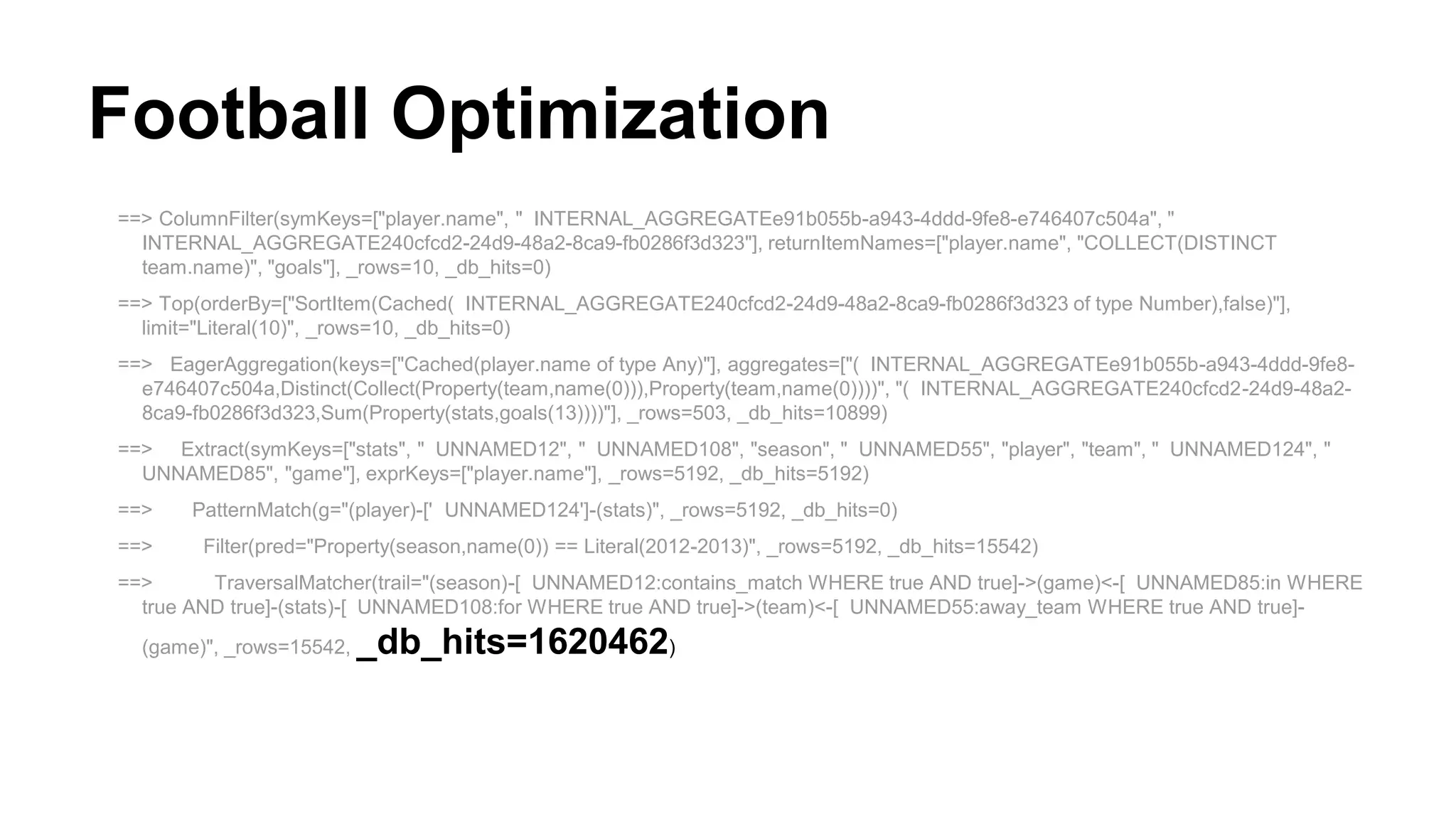 Football Optimization
==> ColumnFilter(symKeys=["player.name", " INTERNAL_AGGREGATEe91b055b-a943-4ddd-9fe8-e746407c504a", "
INTERNAL_AGGREGATE240cfcd2-24d9-48a2-8ca9-fb0286f3d323"], returnItemNames=["player.name", "COLLECT(DISTINCT
team.name)", "goals"], _rows=10, _db_hits=0)
==> Top(orderBy=["SortItem(Cached( INTERNAL_AGGREGATE240cfcd2-24d9-48a2-8ca9-fb0286f3d323 of type Number),false)"],
limit="Literal(10)", _rows=10, _db_hits=0)
==> EagerAggregation(keys=["Cached(player.name of type Any)"], aggregates=["( INTERNAL_AGGREGATEe91b055b-a943-4ddd-9fe8-
e746407c504a,Distinct(Collect(Property(team,name(0))),Property(team,name(0))))", "( INTERNAL_AGGREGATE240cfcd2-24d9-48a2-
8ca9-fb0286f3d323,Sum(Property(stats,goals(13))))"], _rows=503, _db_hits=10899)
==> Extract(symKeys=["stats", " UNNAMED12", " UNNAMED108", "season", " UNNAMED55", "player", "team", " UNNAMED124", "
UNNAMED85", "game"], exprKeys=["player.name"], _rows=5192, _db_hits=5192)
==> PatternMatch(g="(player)-[' UNNAMED124']-(stats)", _rows=5192, _db_hits=0)
==> Filter(pred="Property(season,name(0)) == Literal(2012-2013)", _rows=5192, _db_hits=15542)
==> TraversalMatcher(trail="(season)-[ UNNAMED12:contains_match WHERE true AND true]->(game)<-[ UNNAMED85:in WHERE
true AND true]-(stats)-[ UNNAMED108:for WHERE true AND true]->(team)<-[ UNNAMED55:away_team WHERE true AND true]-
(game)", _rows=15542, _db_hits=1620462)
 