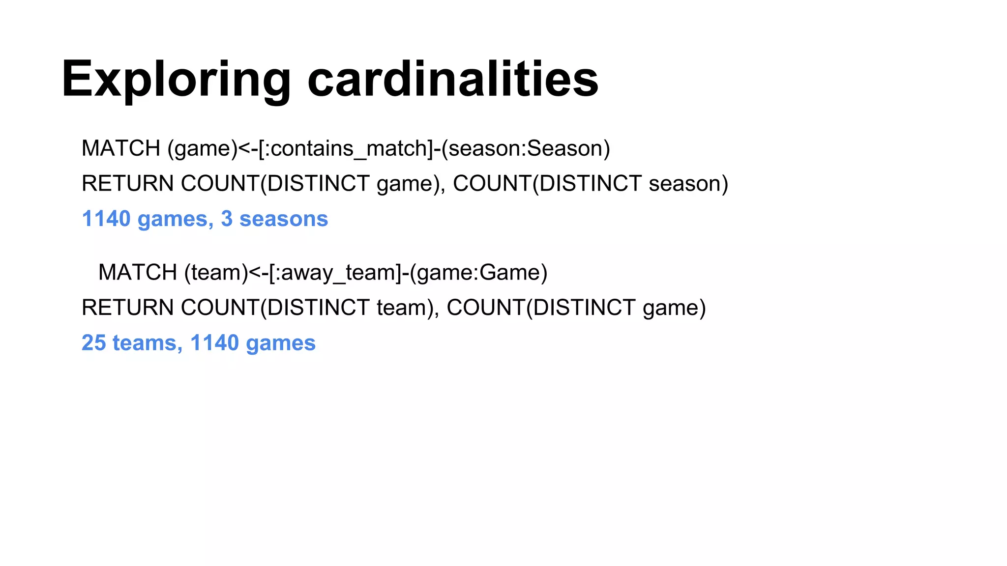 Exploring cardinalities
MATCH (game)<-[:contains_match]-(season:Season)
RETURN COUNT(DISTINCT game), COUNT(DISTINCT season)
1140 games, 3 seasons
MATCH (team)<-[:away_team]-(game:Game)
RETURN COUNT(DISTINCT team), COUNT(DISTINCT game)
25 teams, 1140 games
 