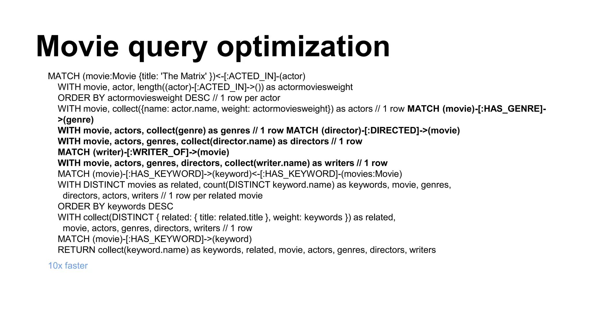 Movie query optimization
MATCH (movie:Movie {title: 'The Matrix' })<-[:ACTED_IN]-(actor)
WITH movie, actor, length((actor)-[:ACTED_IN]->()) as actormoviesweight
ORDER BY actormoviesweight DESC // 1 row per actor
WITH movie, collect({name: actor.name, weight: actormoviesweight}) as actors // 1 row MATCH (movie)-[:HAS_GENRE]-
>(genre)
WITH movie, actors, collect(genre) as genres // 1 row MATCH (director)-[:DIRECTED]->(movie)
WITH movie, actors, genres, collect(director.name) as directors // 1 row
MATCH (writer)-[:WRITER_OF]->(movie)
WITH movie, actors, genres, directors, collect(writer.name) as writers // 1 row
MATCH (movie)-[:HAS_KEYWORD]->(keyword)<-[:HAS_KEYWORD]-(movies:Movie)
WITH DISTINCT movies as related, count(DISTINCT keyword.name) as keywords, movie, genres,
directors, actors, writers // 1 row per related movie
ORDER BY keywords DESC
WITH collect(DISTINCT { related: { title: related.title }, weight: keywords }) as related,
movie, actors, genres, directors, writers // 1 row
MATCH (movie)-[:HAS_KEYWORD]->(keyword)
RETURN collect(keyword.name) as keywords, related, movie, actors, genres, directors, writers
10x faster
 