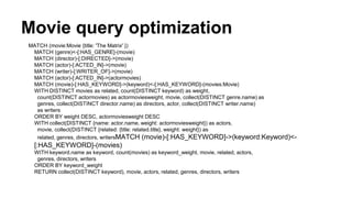 Movie query optimization
MATCH (movie:Movie {title: 'The Matrix' })
MATCH (genre)<-[:HAS_GENRE]-(movie)
MATCH (director)-[:DIRECTED]->(movie)
MATCH (actor)-[:ACTED_IN]->(movie)
MATCH (writer)-[:WRITER_OF]->(movie)
MATCH (actor)-[:ACTED_IN]->(actormovies)
MATCH (movie)-[:HAS_KEYWORD]->(keyword)<-[:HAS_KEYWORD]-(movies:Movie)
WITH DISTINCT movies as related, count(DISTINCT keyword) as weight,
count(DISTINCT actormovies) as actormoviesweight, movie, collect(DISTINCT genre.name) as
genres, collect(DISTINCT director.name) as directors, actor, collect(DISTINCT writer.name)
as writers
ORDER BY weight DESC, actormoviesweight DESC
WITH collect(DISTINCT {name: actor.name, weight: actormoviesweight}) as actors,
movie, collect(DISTINCT {related: {title: related.title}, weight: weight}) as
related, genres, directors, writersMATCH (movie)-[:HAS_KEYWORD]->(keyword:Keyword)<-
[:HAS_KEYWORD]-(movies)
WITH keyword.name as keyword, count(movies) as keyword_weight, movie, related, actors,
genres, directors, writers
ORDER BY keyword_weight
RETURN collect(DISTINCT keyword), movie, actors, related, genres, directors, writers
 
