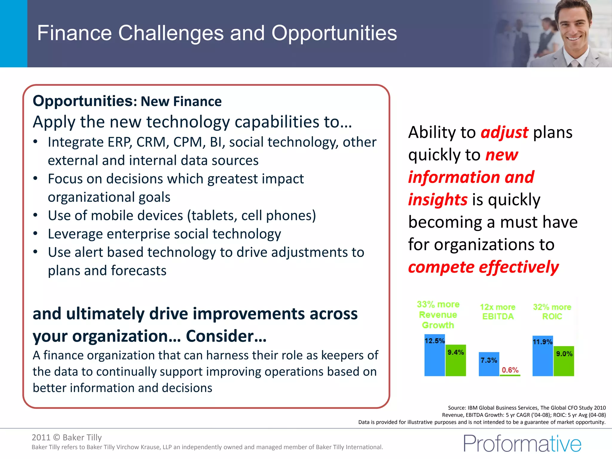 Finance Challenges and Opportunities


Opportunities: New Finance
Apply the new technology capabilities to…
• Integrate ERP, CRM, CPM, BI, social technology, other
                                                                                                                                        Ability to adjust plans
  external and internal data sources                                                                                                    quickly to new
• Focus on decisions which greatest impact                                                                                              information and
  organizational goals                                                                                                                  insights is quickly
• Use of mobile devices (tablets, cell phones)                                                                                          becoming a must have
• Leverage enterprise social technology
• Use alert based technology to drive adjustments to                                                                                    for organizations to
  plans and forecasts                                                                                                                   compete effectively

and ultimately drive improvements across
your organization… Consider…
A finance organization that can harness their role as keepers of
the data to continually support improving operations based on
better information and decisions
                                                                                                                                                           Source: IBM Global Business Services, The Global CFO Study 2010
                                                                                                                                                         Revenue, EBITDA Growth: 5 yr CAGR (’04-08); ROIC: 5 yr Avg (04-08)
                                                                                                                    Data is provided for illustrative purposes and is not intended to be a guarantee of market opportunity.

2011 © Baker Tilly
          © 2011 Proformative. Proprietary and confidential
Baker Tilly refers to Baker Tilly Virchow Krause, LLP an independently owned and managed member of Baker Tilly International.
 