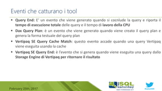 #sqlsat589February 25th, 2017
 Query End: E’ un evento che viene generato quando si cocnlude la query e riporta il
tempo di esecuzione totale delle query e il tempo di lavoro della CPU
 Dax Query Plan: è un evento che viene generato quando viene creato il query plan e
genera la forma testuale del query plan
 Vertipaq SE Query Cache Match: questo evento accade quando una query Vertipaq
viene eseguita usando la cache
 Vertipaq SE Query End: è l’evento che si genera quando viene eseguita una query dallo
Storage Engine di Vertipaq per ritornare il risultato
Eventi che catturano i tool
 
