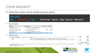 #sqlsat589February 25th, 2017
 Vediamo come viene risolta questa query
 SQL Profiler
 DAX Studio
Come lavorano?
 